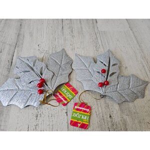 Silver glitter poinsettia leaf ornament decor Xmas metal plant new